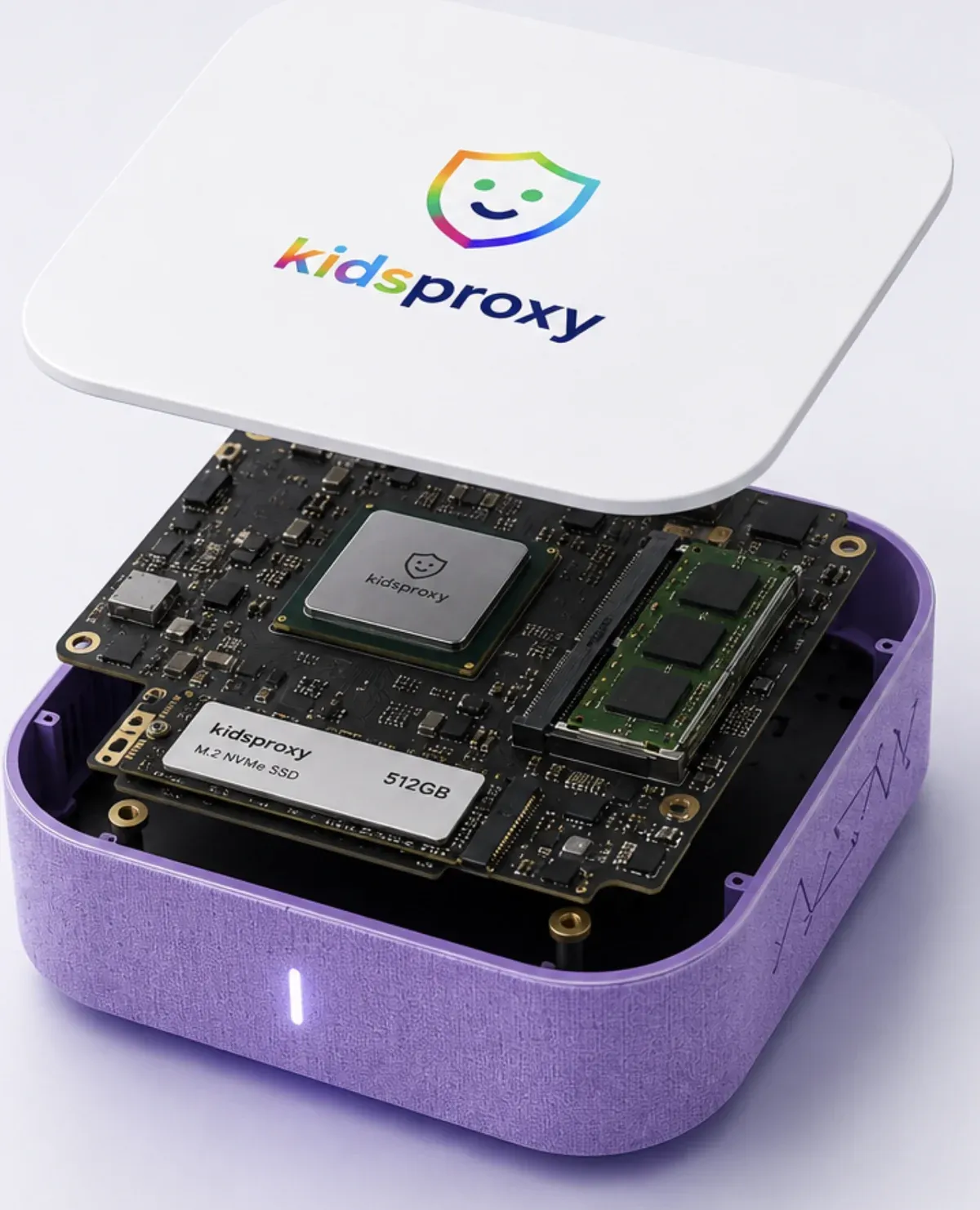 The opened KidsProxy Box showing mainboard, processor, memory and SSD