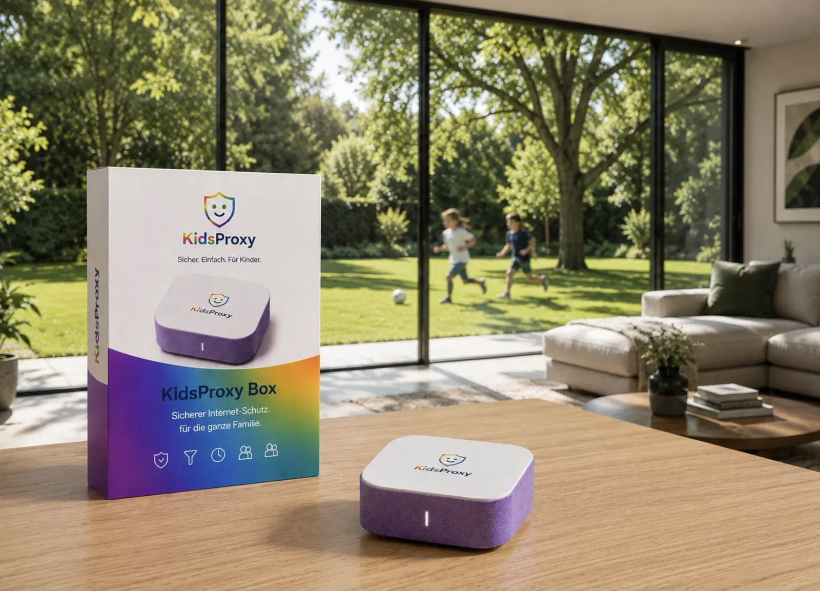 The KidsProxy Box on a living room table, two children playing in the garden behind