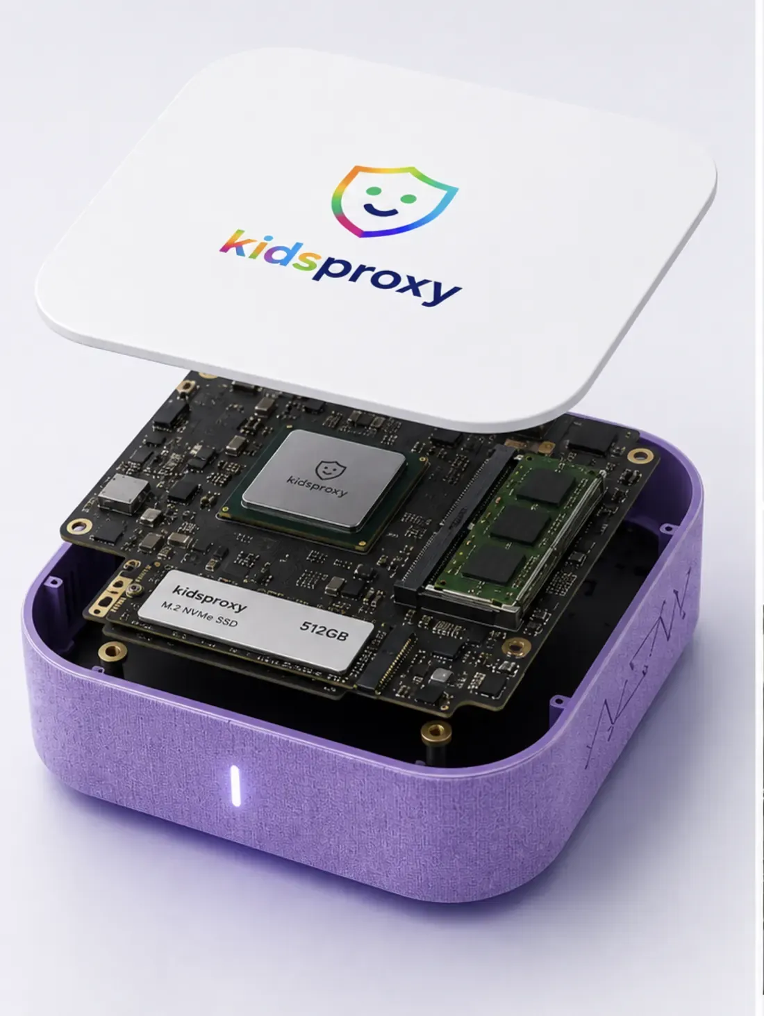 An opened KidsProxy Box showing the mainboard, processor, RAM module and M.2 NVMe SSD