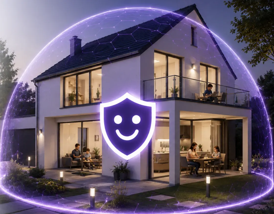 Einfamilienhaus unter einer leuchtenden Schutzkuppel — Kidsproxy sichert das gesamte Heimnetzwerk