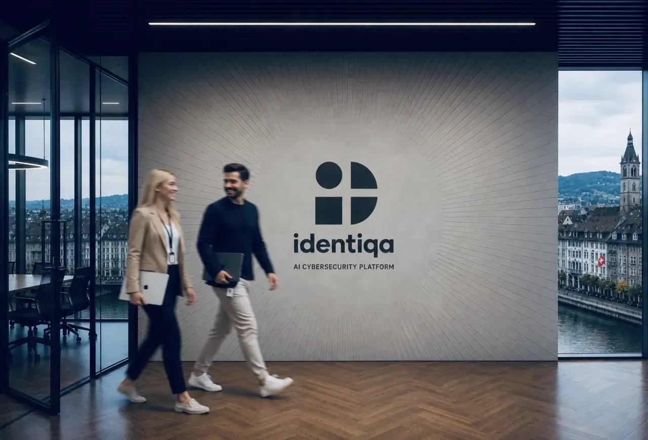 The Identiqa reception area with the wordmark on the wall