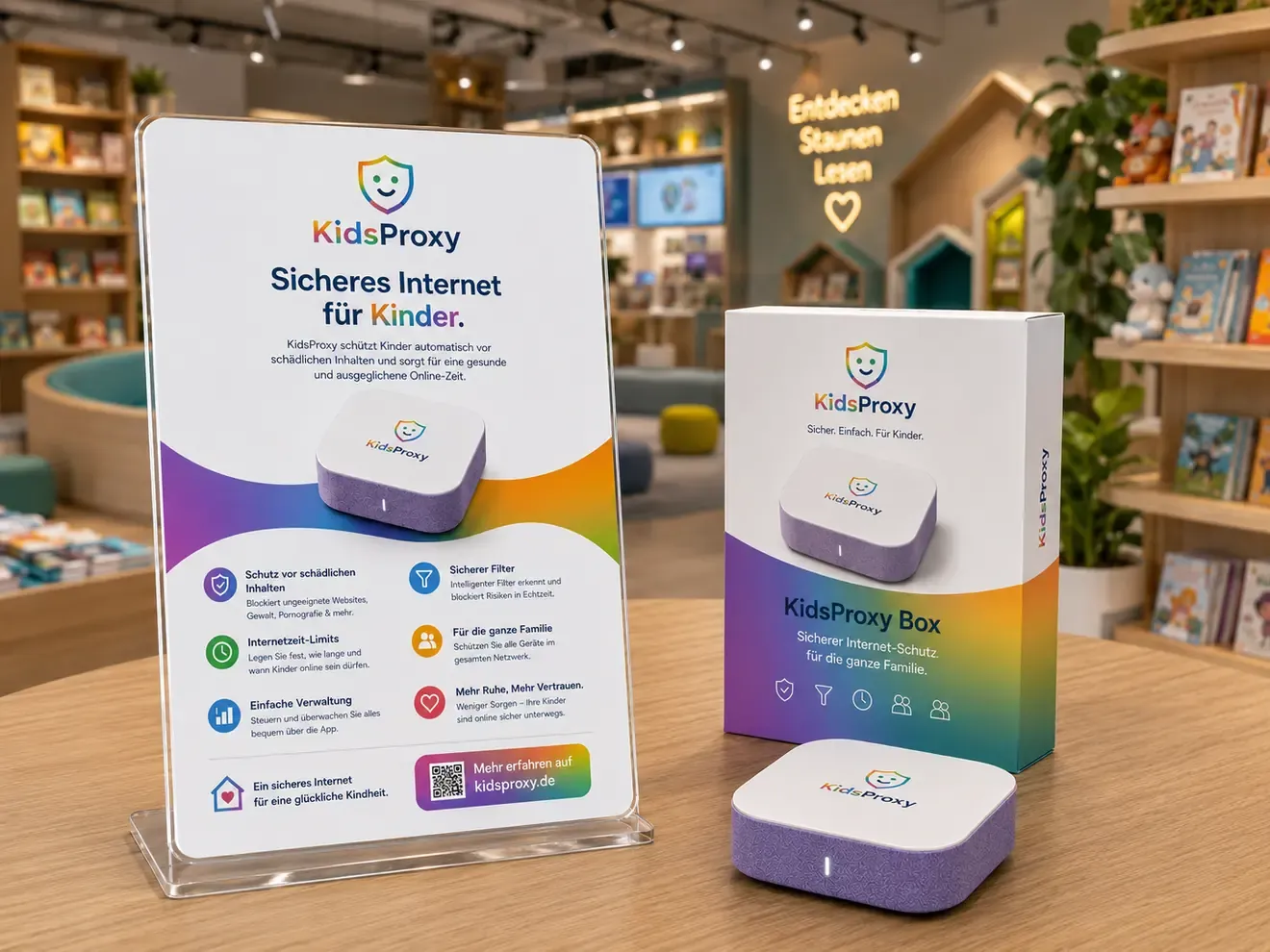 A KidsProxy Box with display stand and packaging on a store counter